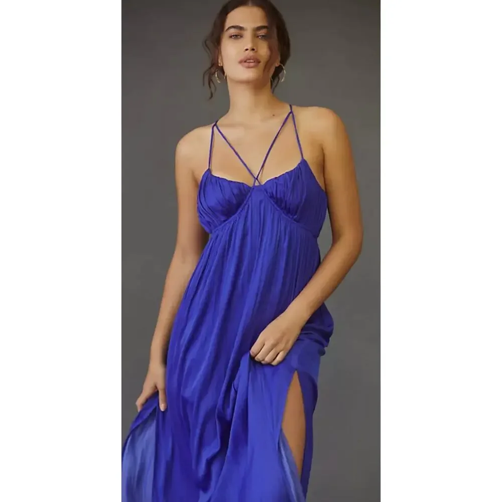 Anthropologie Strappy Halter Side-Slit Maxi Dress in Royal Blue Size Large - Picture 2 of 10